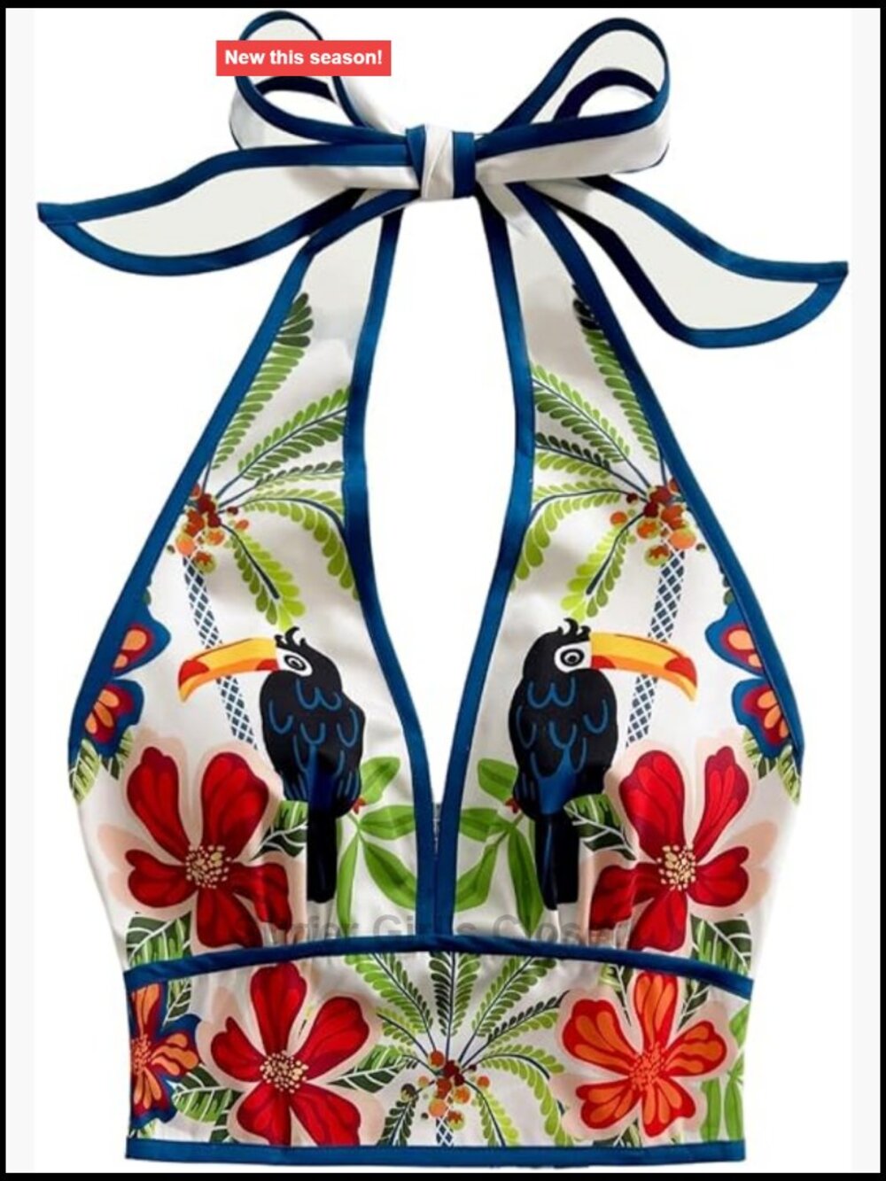 Tropical Floral Halter Crop Top Open Back Tie Bow Summer